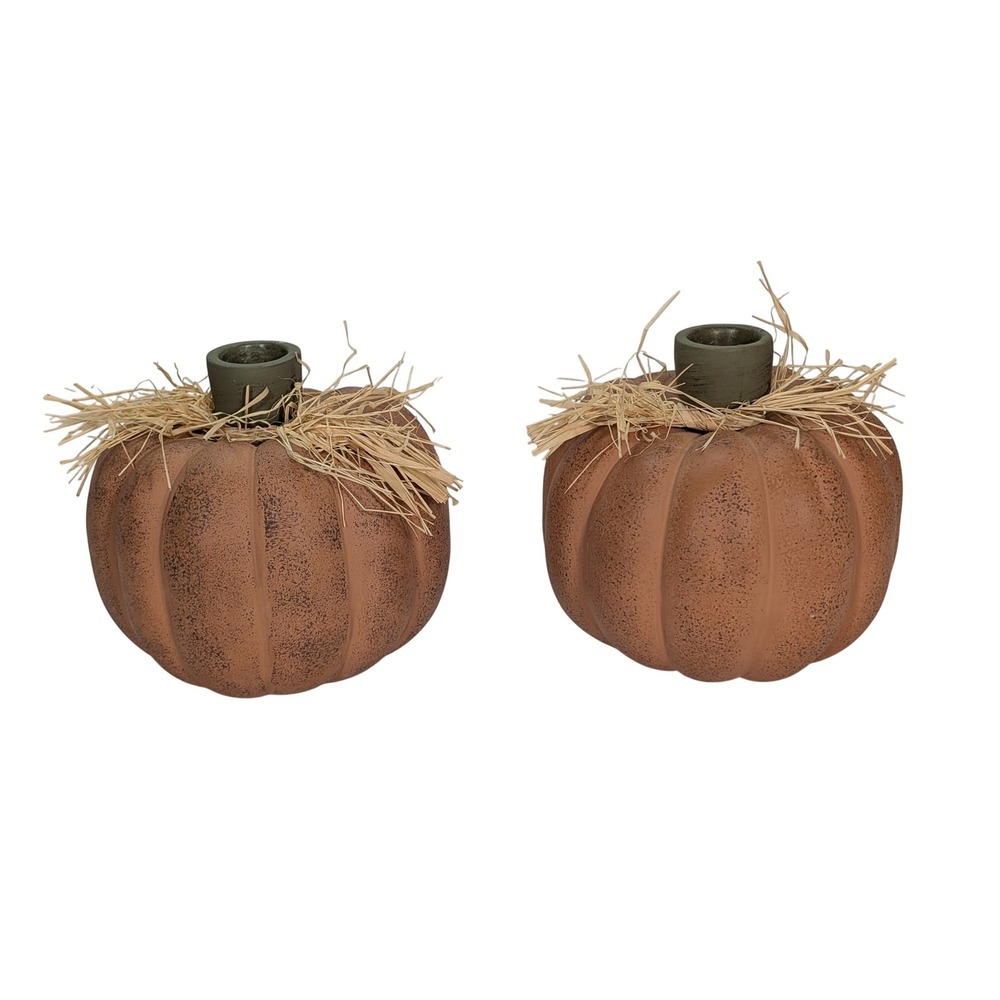 Set of 2 Terracotta Pumpkin Taper Candle Holders With‎ Raffia 4.75" Fall Harvest